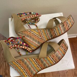 Boho Tan Gladiator Wedges with Beaded Embellishments. Bohemian sandals